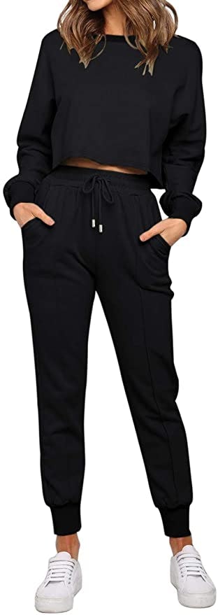 ZESICA Long-Sleeve Crop Top &amp; Pants Set (2 Pieces)