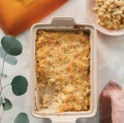 Creamy baked macaroni and cheese is a kid-friendly Thanksgiving side. 
