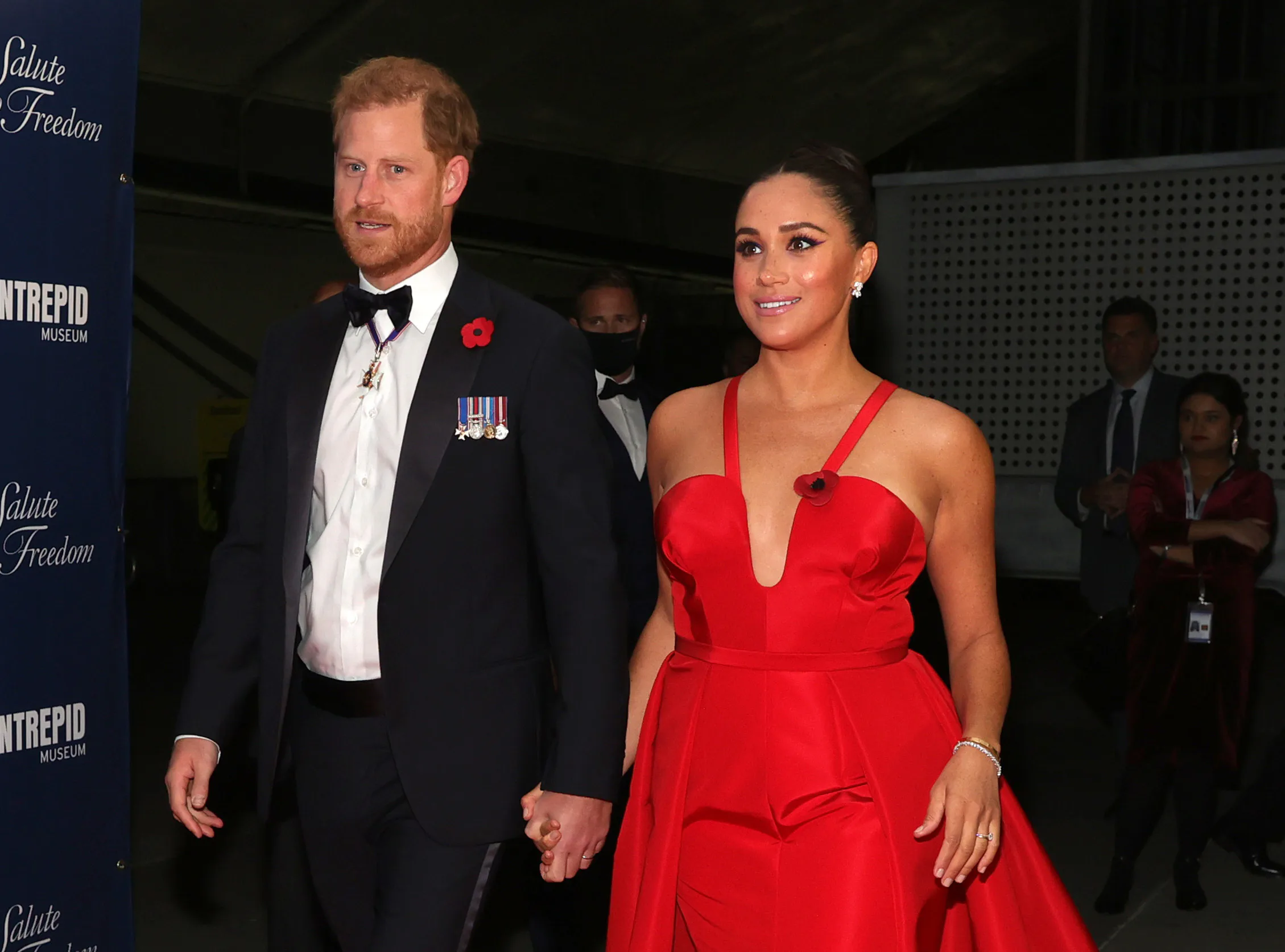 meghan markle red dress designer Carolina Herrera Plunge Neck Silk-Faille Gown in Red - Meghan Markle Dresses