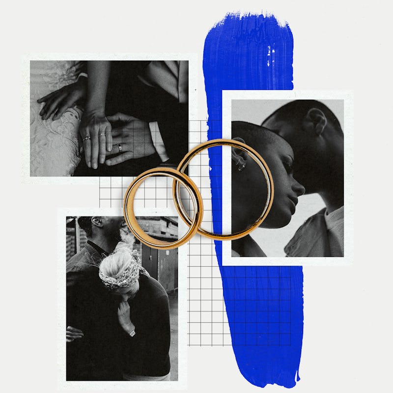 A collage of committed couples in long-term partnerships and two golden rings