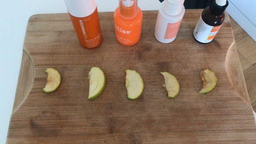Vitamin C serums tested on apple slices. Ron Robinson, founder of BeautyStat, tells Bustle that it d...