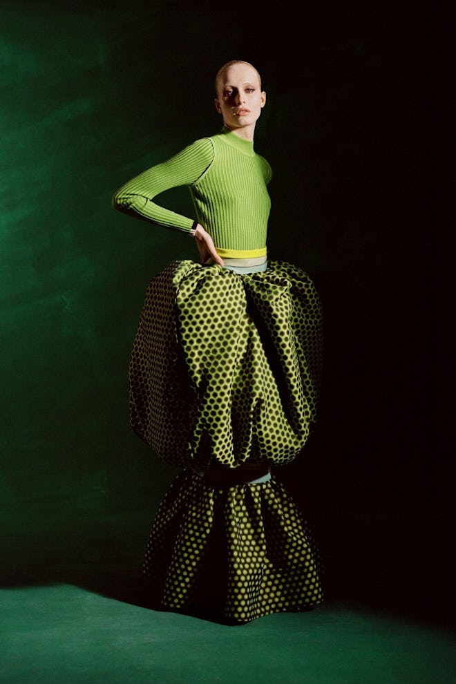 Green Polka Dot Bubble Evening Skirt from Christopher John Rogers, available to shop on McMullen.