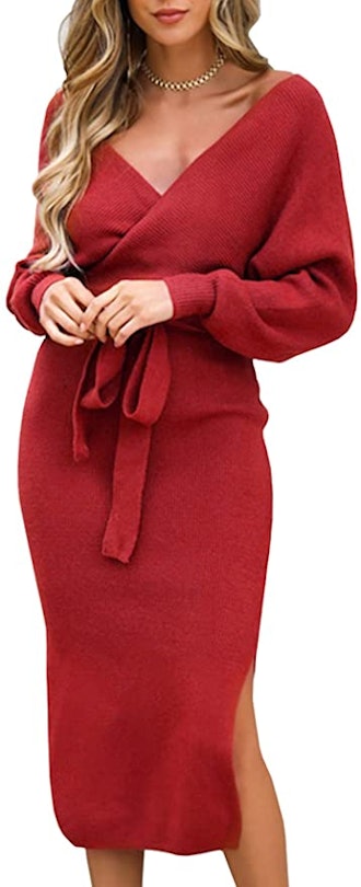 DAYINKEE V-Neck Pullover Sweater Dress with Belt
