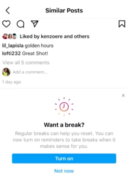 A screenshot showing Instagram's Take A Break feature that's currently being tested.