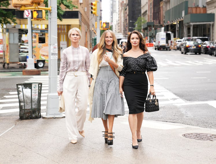 Cynthia Nixon as “Miranda Hobbes,” Sarah Jessica Parker as “Carrie Bradshaw,” Kristin Davis as “Char...