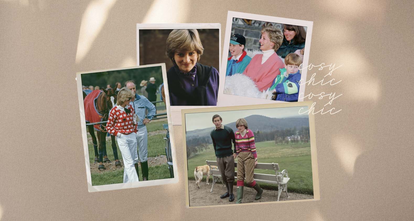 A collage of images portraying Princess Diana alone and with her royal family