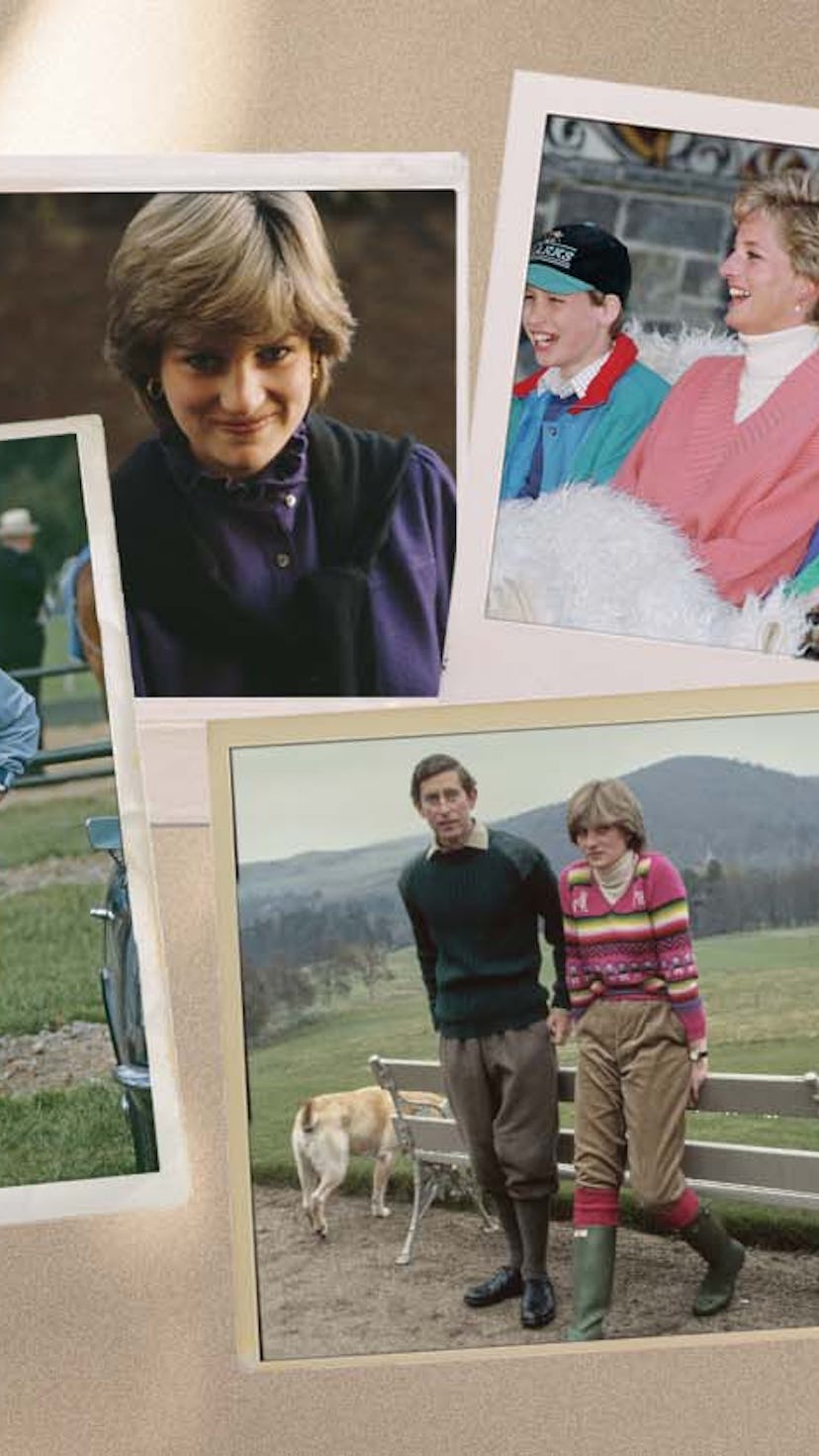 A collage of images portraying Princess Diana alone and with her royal family