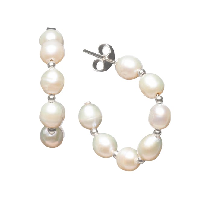 Cultured Freshwater Baroque Pearl & Polished Bead Small Hoop Earrings in Sterling Silver