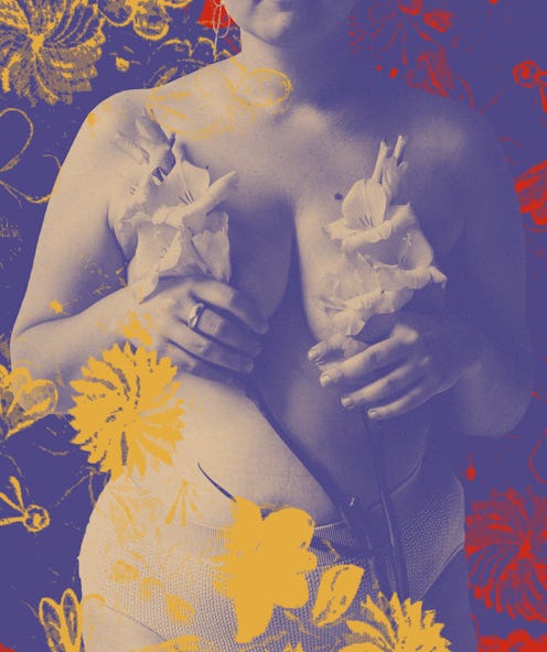 A woman holding flowers in front of her breasts, contemplating whether to get the BRCA test as a Lat...