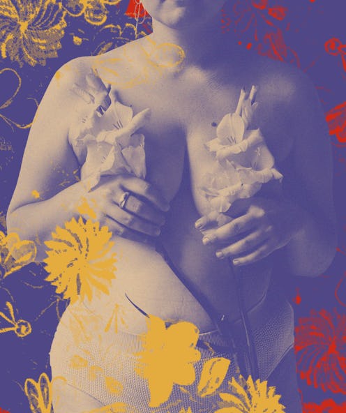 A woman holding flowers in front of her breasts, contemplating whether to get the BRCA test as a Lat...