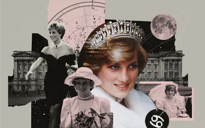 Collage featuring Princess Diana in various outfits, including a tiara, against a backdrop of Buckin...