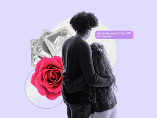 A couple embraces while talking about getting STI tested together.