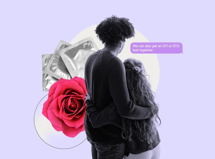 A couple embraces while talking about getting STI tested together.