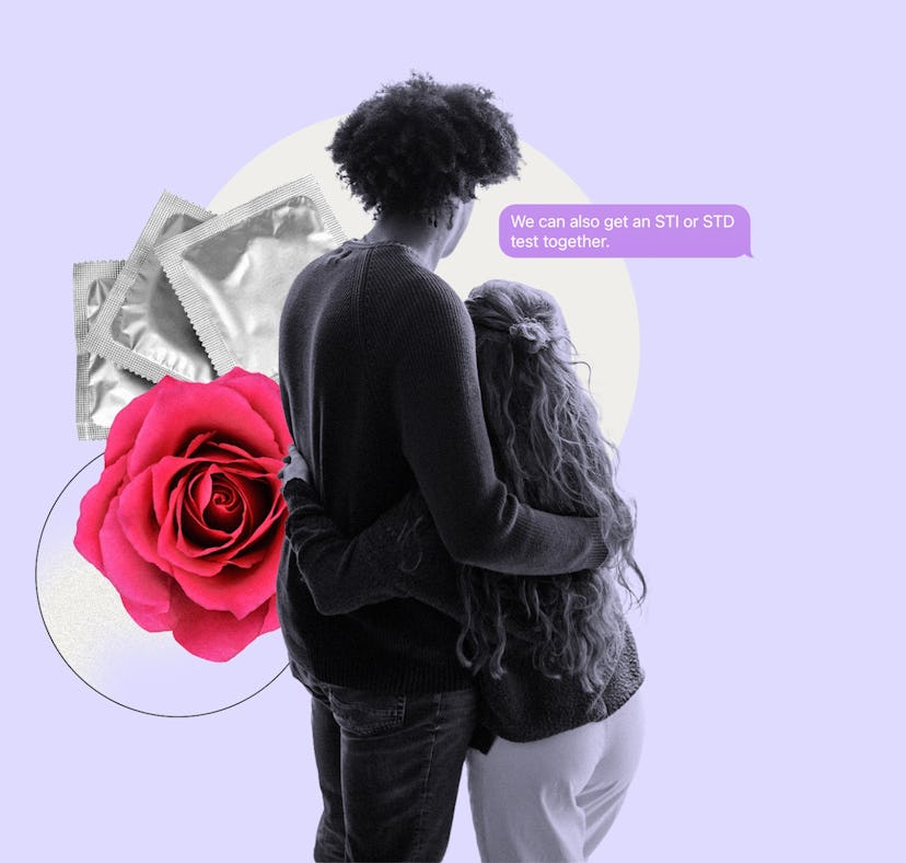 A couple embraces while talking about getting STI tested together.