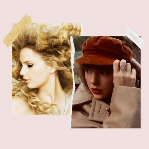 Taylor Swift on the album covers of 2008's 'Fearless' and 2021's 'Red (Taylor's Version)'