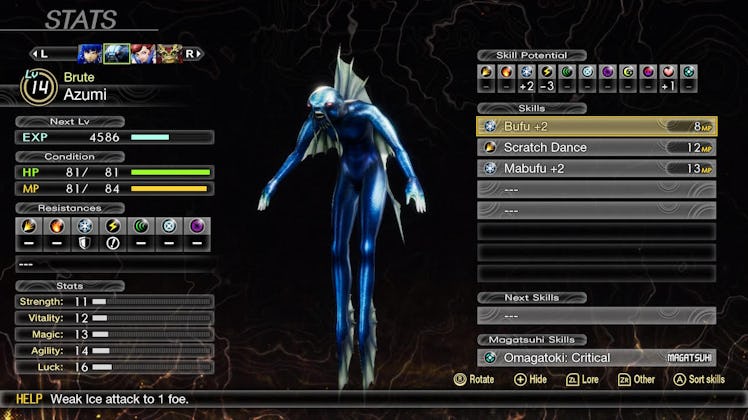 Azumi along with it's stats in the game Shin Megami Tensei V