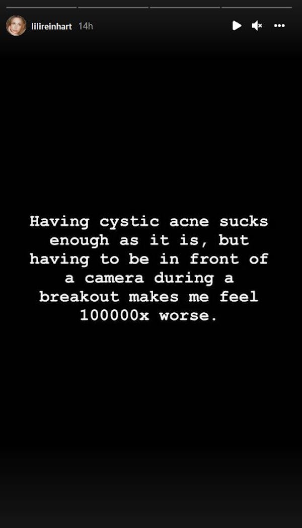 Lili Reinhart describes a cystic acne breakout in a Nov. 12 Instagram story.