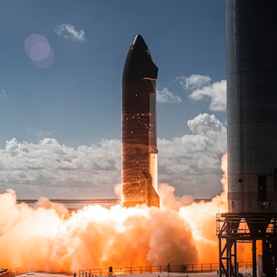 The Starship firing 6 Raptor engines during the static fire test.