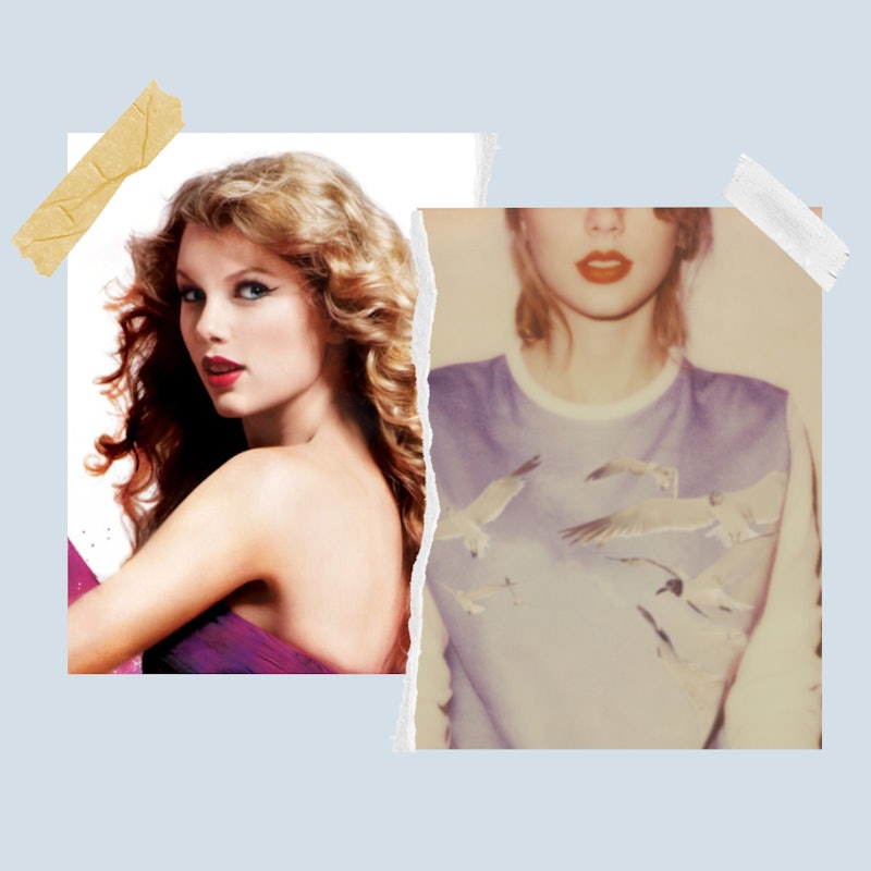 Taylor Swift's original album covers for 'Speak Now' from 2010 and '1989' from 2014.