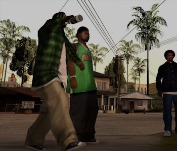 A screenshot of friends hanging out in 'Grand Theft Auto: The Trilogy'