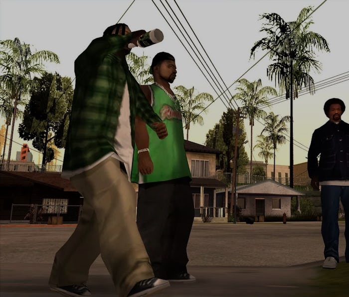 A screenshot of friends hanging out in 'Grand Theft Auto: The Trilogy'