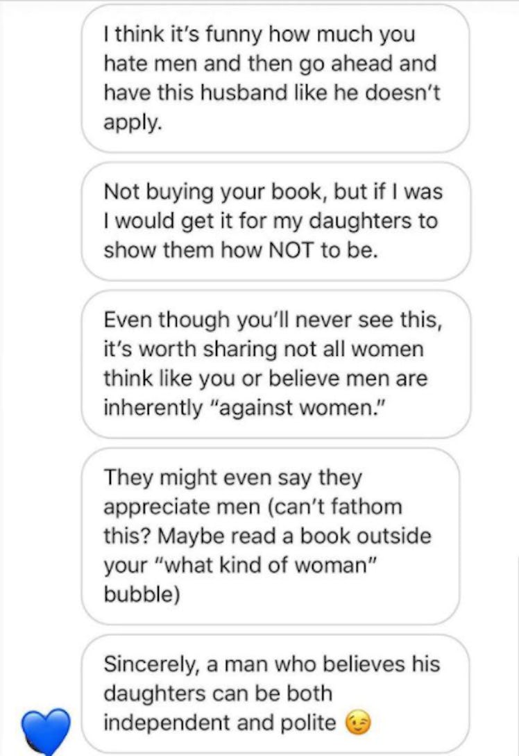 A direct message sent to Kate Baer, which reads: " I think it’s funny how much you hate men and then...