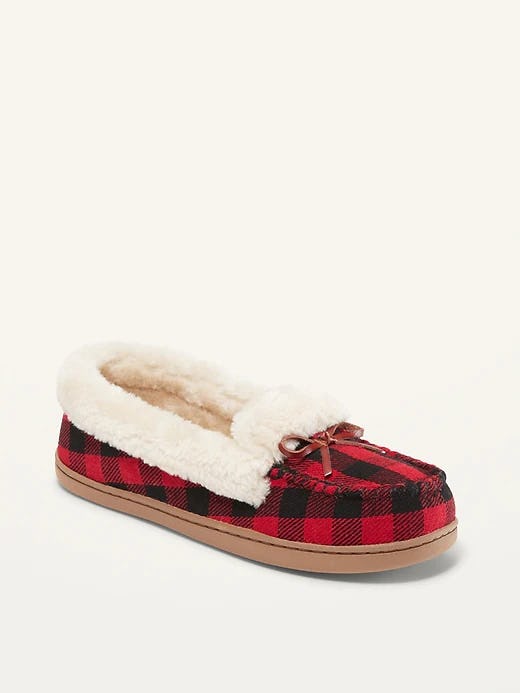 Plaid Faux-Fur Trim Moccasin Slippers