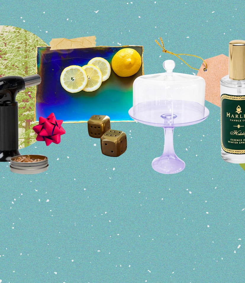 A collage of the best host gifts for an entertainer includes cake stands, cheese platters, and wine ...