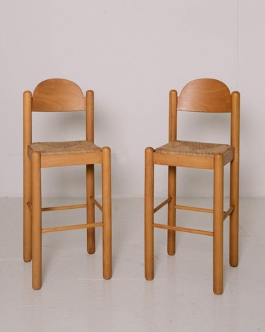 1970s Hank Lowenstein’s  Oggo Barstools in Sienna Wood with Rush Seats