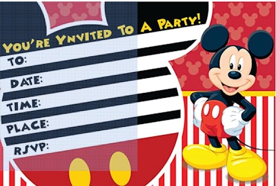 Image of a write-in birthday party invitation with Mickey Mouse theme and photos.