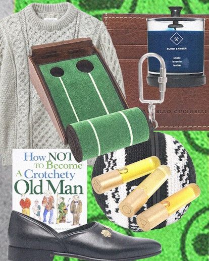 a collage of gift items for men, including a keychain, a golf set and a candle