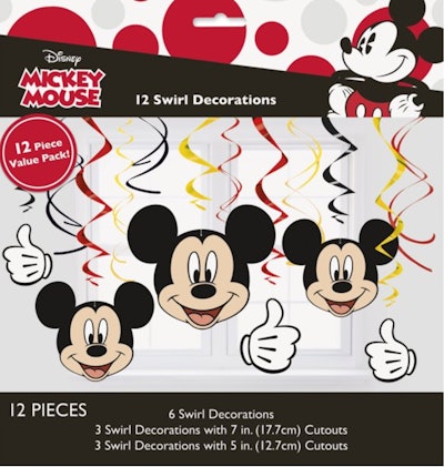 Image of a package of Mickey Mouse-themed hanging spirals, used to decorate for a party.