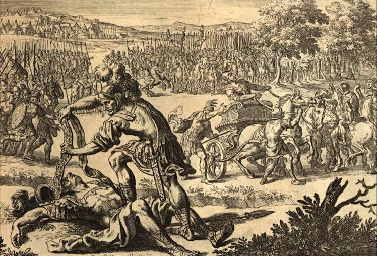 A 1688 engraving depicts Turnus taking Pallas’ sword belt after killing him.
