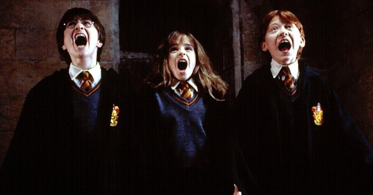 Harry Potter, Hermione Granger and Ron Weasley looking up and screaming 