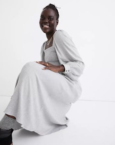 Lucie Long-Sleeve Smocked Midi Dress in Wool Gauze