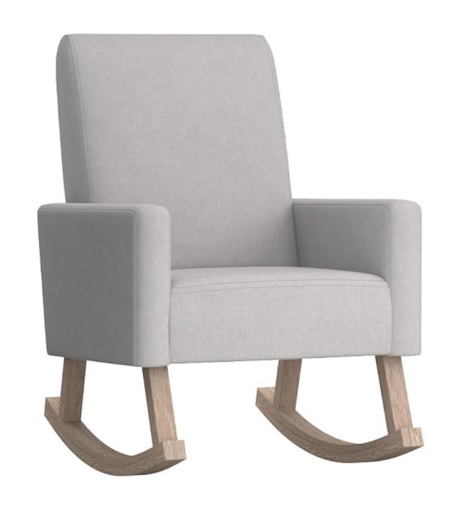 Image of a gray upholstered rocking chair from Pottery Barn Kids.
