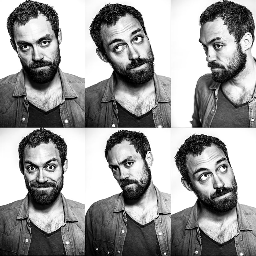 A six-part collage of Alex Hassell's portraits with various facial expressions in black-and-white
