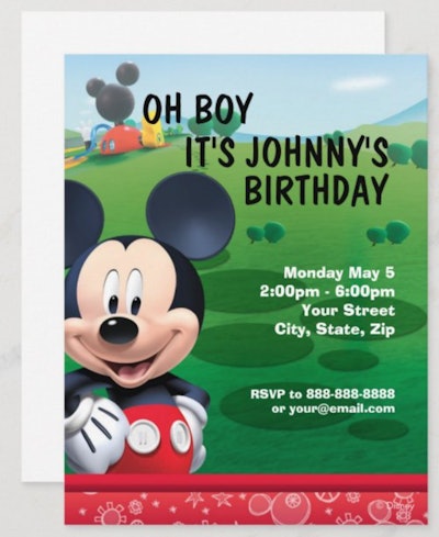 Image of a customizable Mickey Mouse-themed birthday party invitation. 