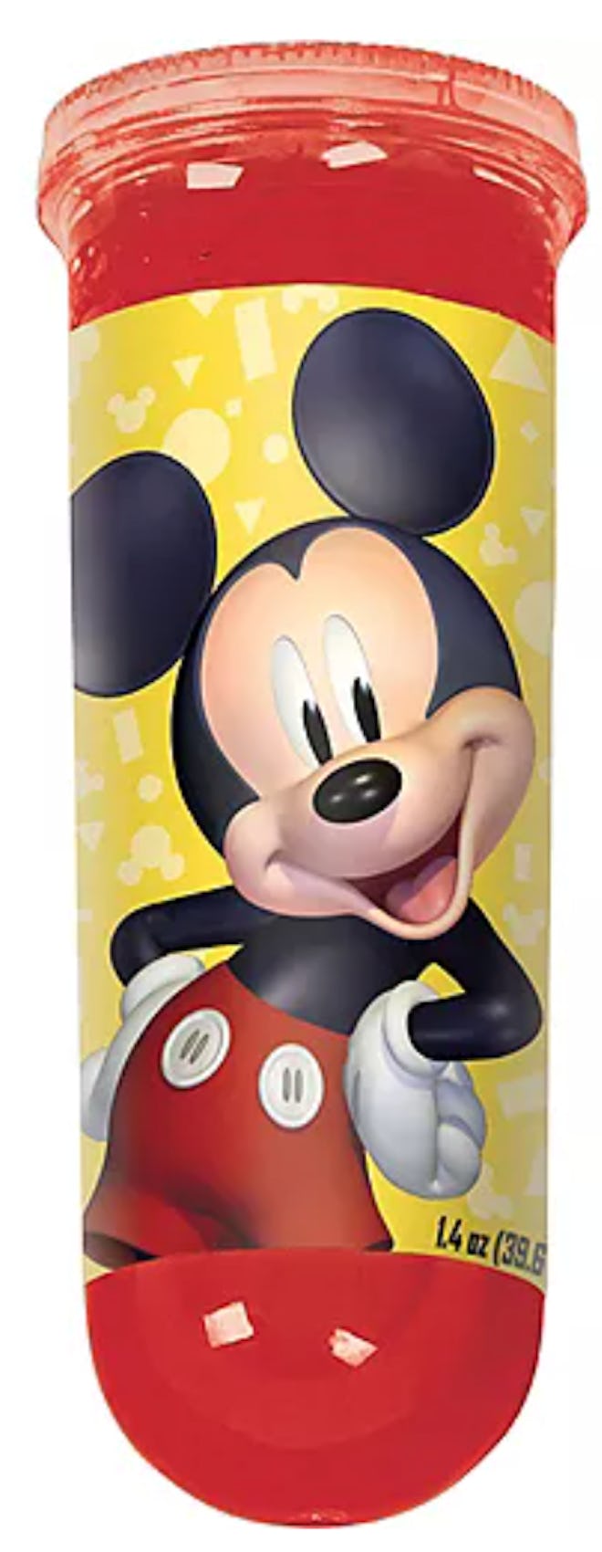 Image of a slender tube of red slime, with a Mickey-Mouse photo on the front. 