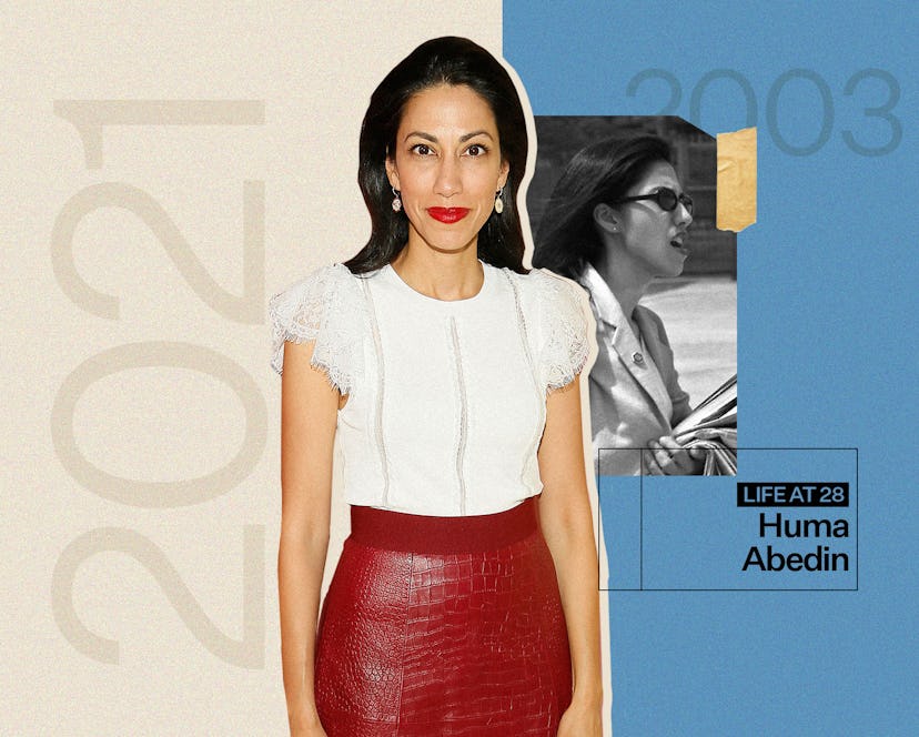 Huma Abedin in 2003 next to a picture of her in 2021 in a white top and red leather skirt