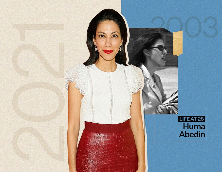 Huma Abedin in 2003 next to a picture of her in 2021 in a white top and red leather skirt