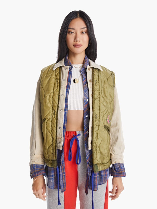 The Fly Away Vest Combo in Quilt Trip from MOTHER x Carolyn Murphy capsule.
