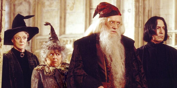 Professors McGonagall (Maggie Smith) and Sprout (Miriam Margolyes) join Hogwarts headmaster Dumbledo...