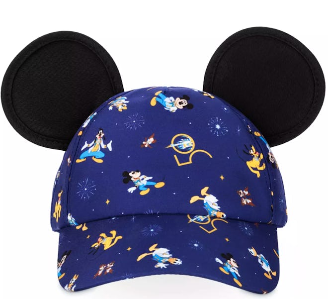 Image of a blue Walt Disney-themed baseball cap with black Mickey Mouse ears. 