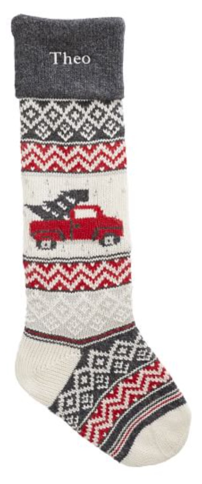 Image of a holiday stocking with personalized name from Pottery Barn Kids.