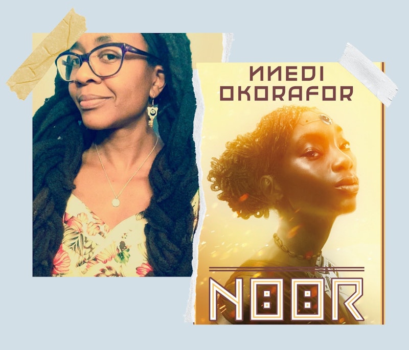 Nnedi Okorafor with the cover of her book, 'Noor.'