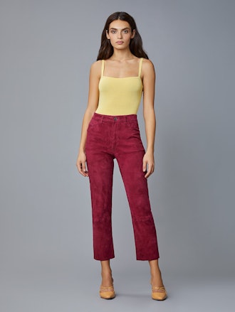  DL1961 Patti Straight High Rise Vintage Ankle pant in Pink Stretch Suede.