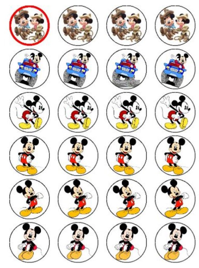 Image of Mickey Mouse and characters on edible icing cupcake toppers. 