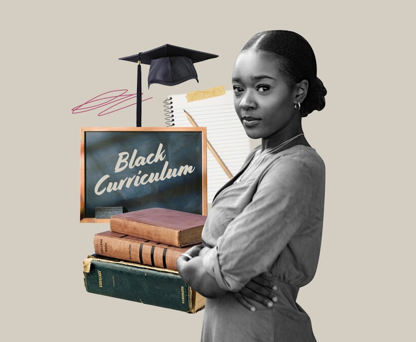Lavinya Stennett, founder, and CEO of The Black Curriculum, next to a stack of books, a blackboard, ...