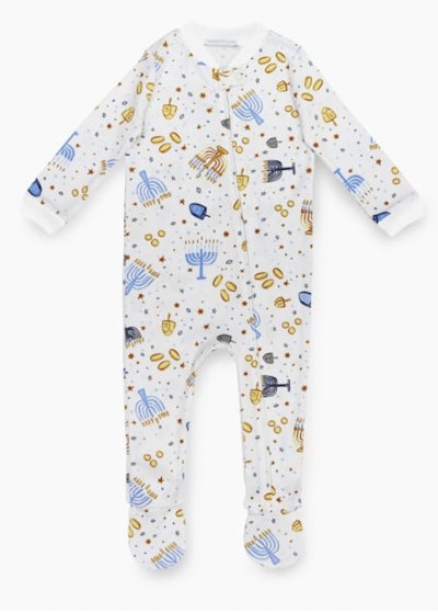 Image of baby footed Hanukkah-print pajamas.